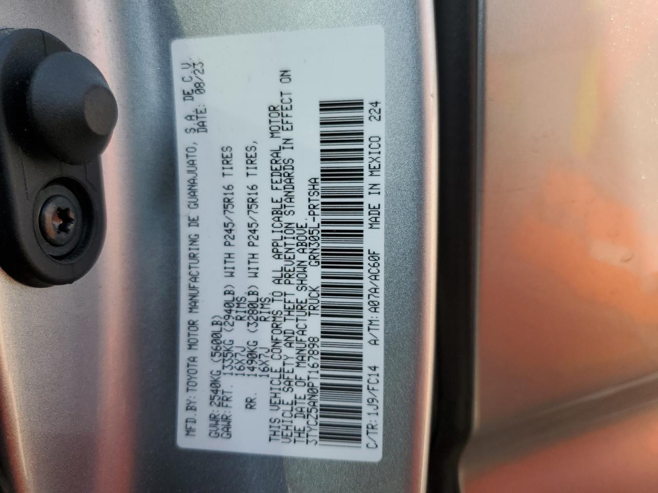 2023 TOYOTA TACOMA DOUBLE CAB VIN:3TYCZ5AN0PT167898