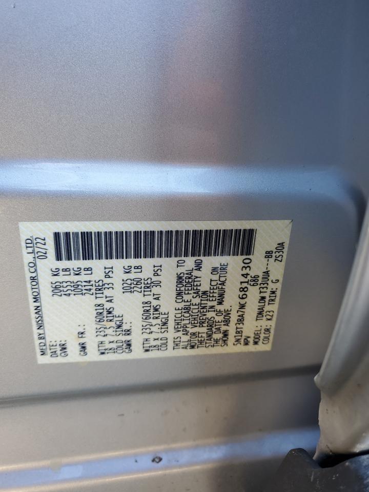 2022 NISSAN ROGUE SV VIN:5N1BT3BA7NC681430