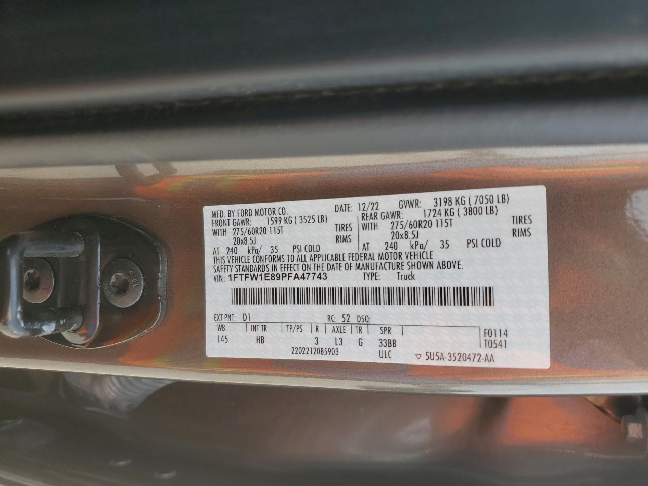 2023 FORD F150 SUPERCREW VIN:1FTFW1E89PFA47743