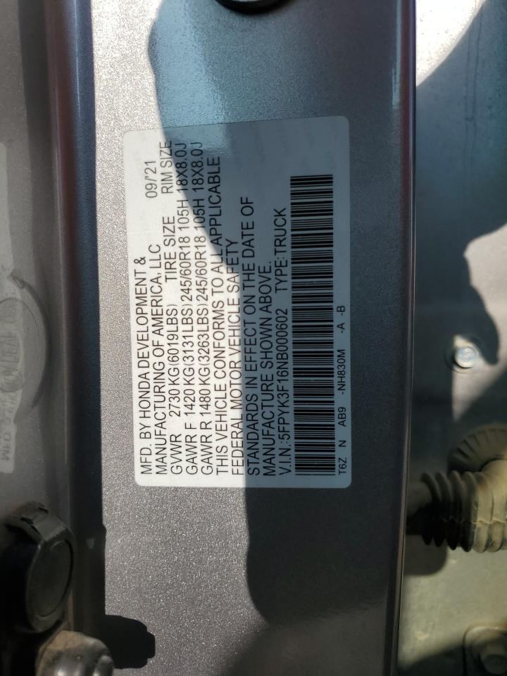 2022 HONDA RIDGELINE SPORT VIN:5FPYK3F16NB000602