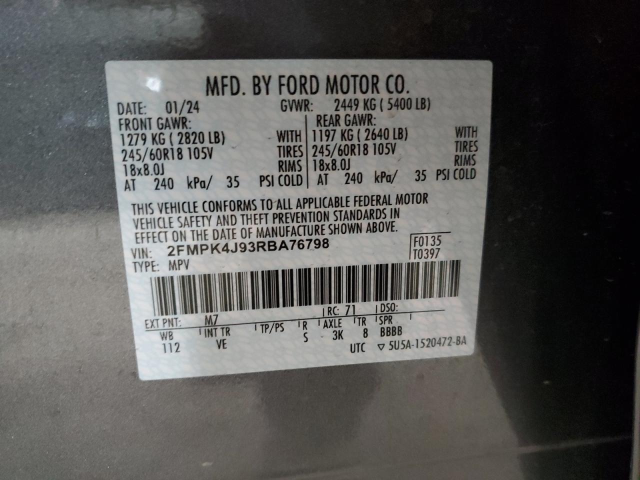 2024 FORD EDGE SEL VIN:2FMPK4J93RBA76798