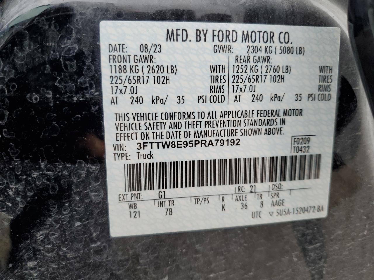 2023 FORD MAVERICK XL VIN:3FTTW8E95PRA79192