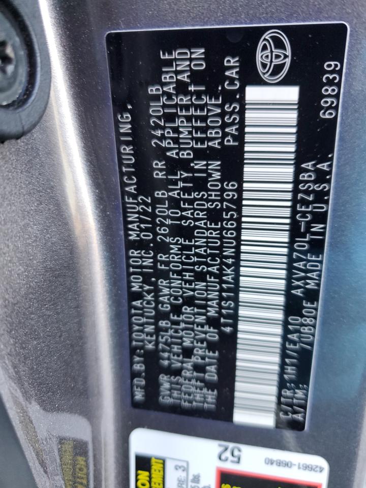 2022 TOYOTA CAMRY NIGHT SHADE VIN:4T1S11AK4NU665796