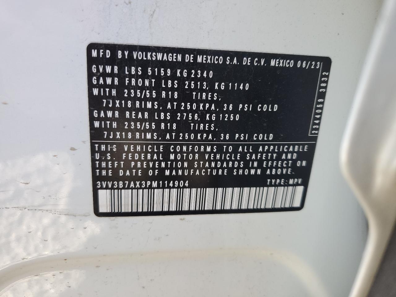 2023 VOLKSWAGEN TIGUAN SE VIN:3VV3B7AX3PM114904