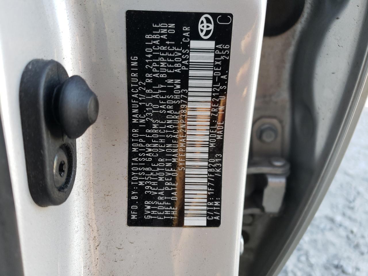 2022 TOYOTA COROLLA LE VIN:5YFEPMAE2NP389773