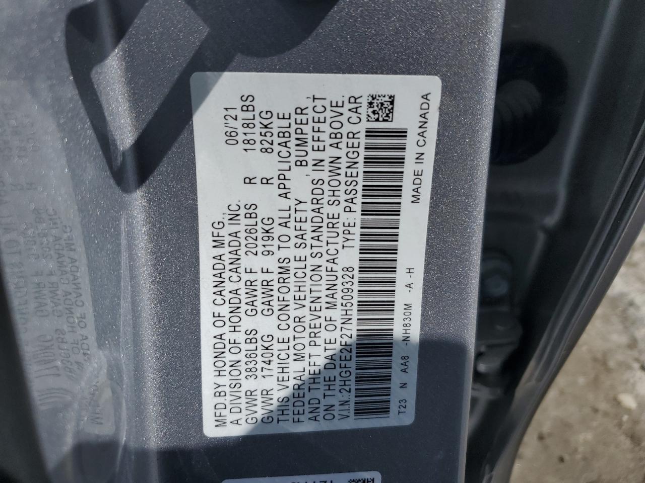 2022 HONDA CIVIC LX VIN:2HGFE2F27NH509328