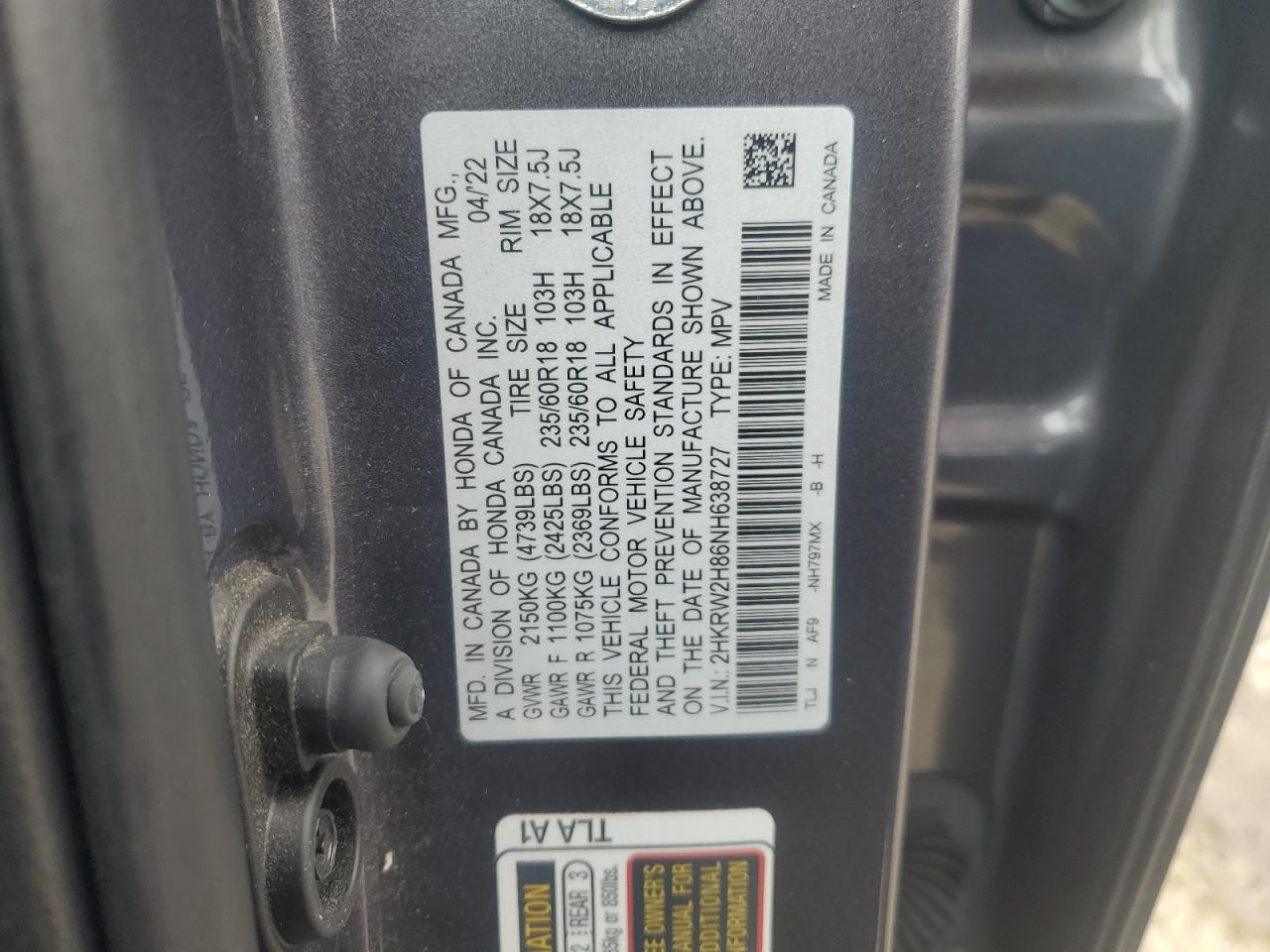 2022 HONDA CR-V EXL VIN:2HKRW2H86NH638727