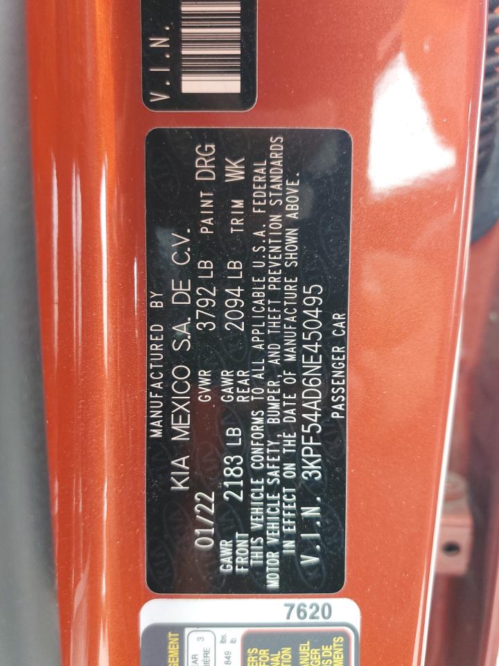 2022 KIA FORTE GT LINE VIN:3KPF54AD6NE450495