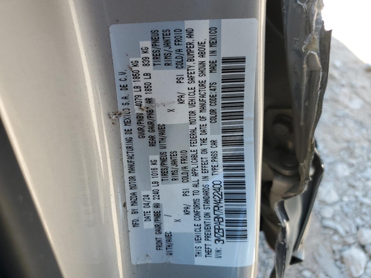 2024 MAZDA 3 SELECT SPORT VIN:3MZBPABM7RM422400