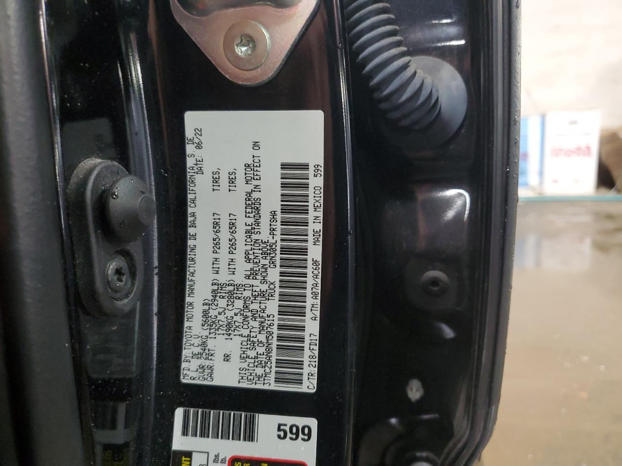 2022 TOYOTA TACOMA DOUBLE CAB VIN:3TMCZ5AN8NM507615