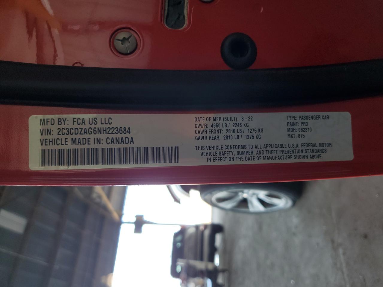 2022 DODGE CHALLENGER SXT VIN:2C3CDZAG6NH223684