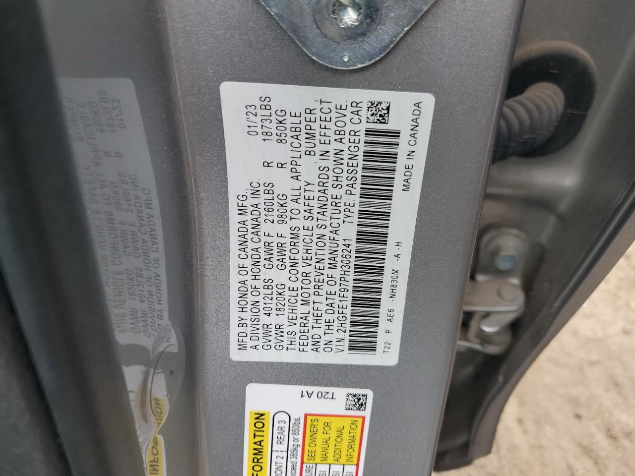 2023 HONDA CIVIC TOURING VIN:2HGFE1F97PH306241
