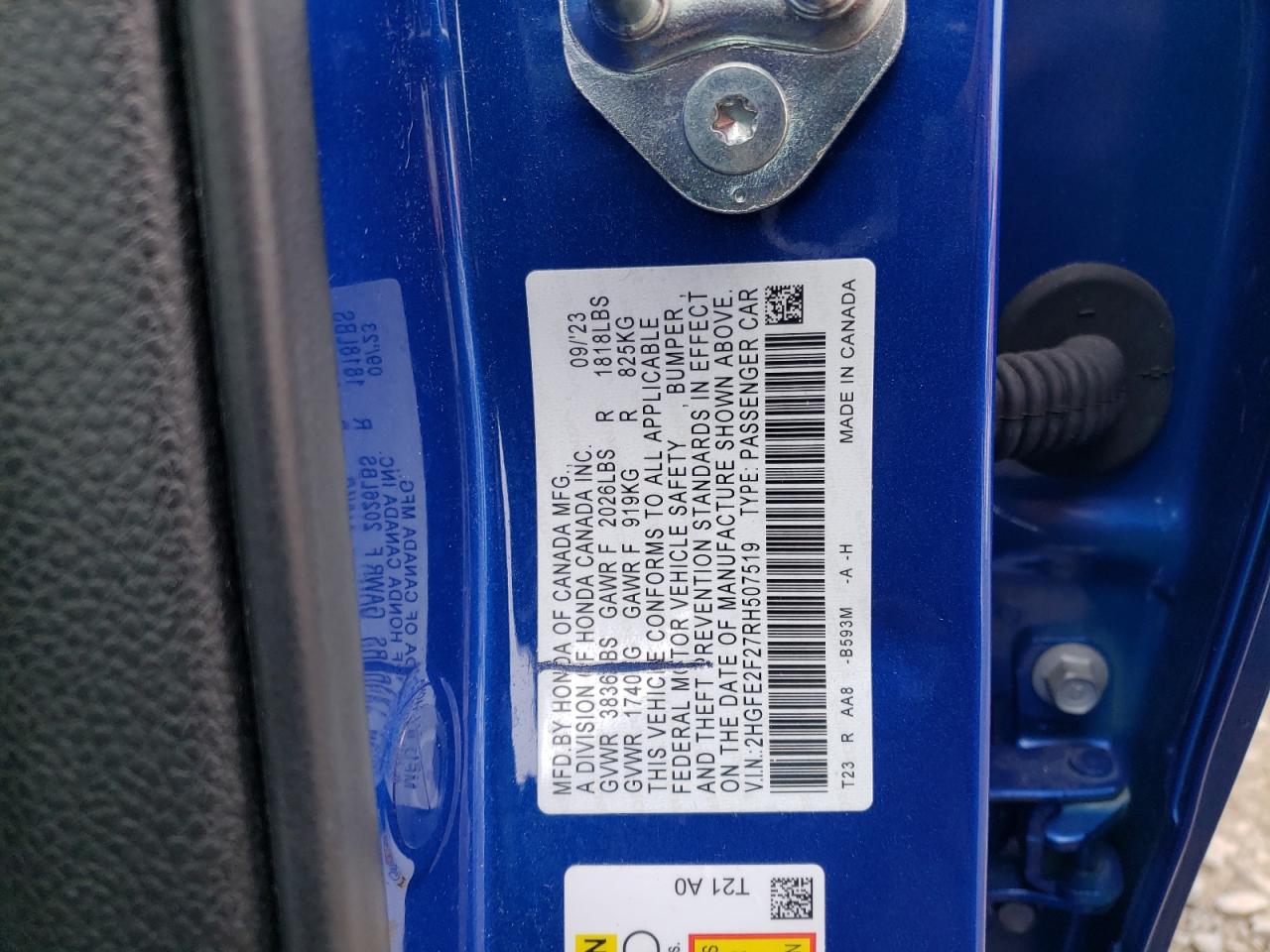 2024 HONDA CIVIC LX VIN:2HGFE2F27RH507519