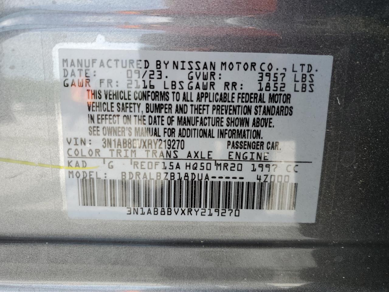 2024 NISSAN SENTRA S VIN:3N1AB8BVXRY219270