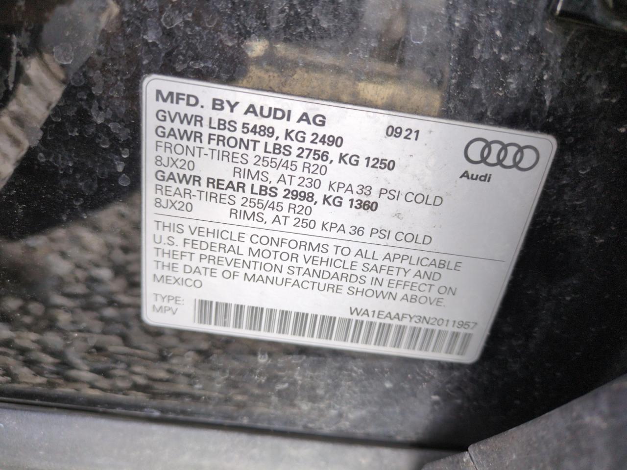 2022 AUDI Q5 PREMIUM PLUS 45 VIN:WA1EAAFY3N2011957