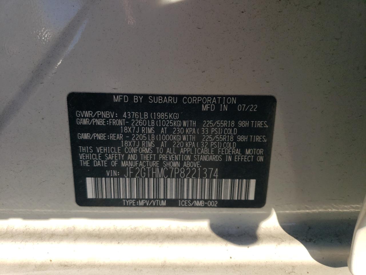 2023 SUBARU CROSSTREK LIMITED VIN:JF2GTHMC7P8221374