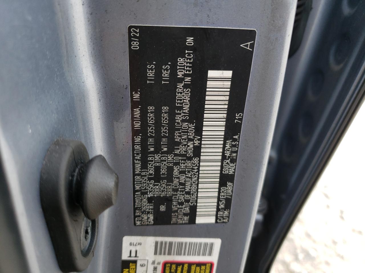 2022 TOYOTA HIGHLANDER XLE VIN:5TDGZRBH2NS244586