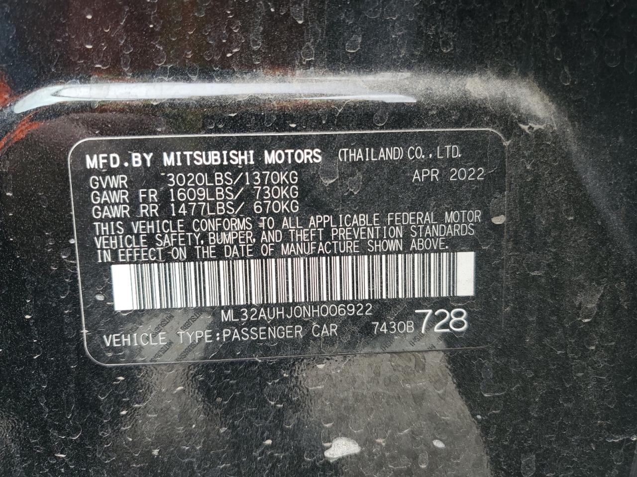 2022 MITSUBISHI MIRAGE ES VIN:ML32AUHJ0NH006922