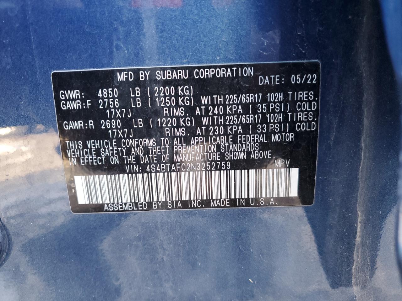 2022 SUBARU OUTBACK PREMIUM VIN:4S4BTAFC2N3252759