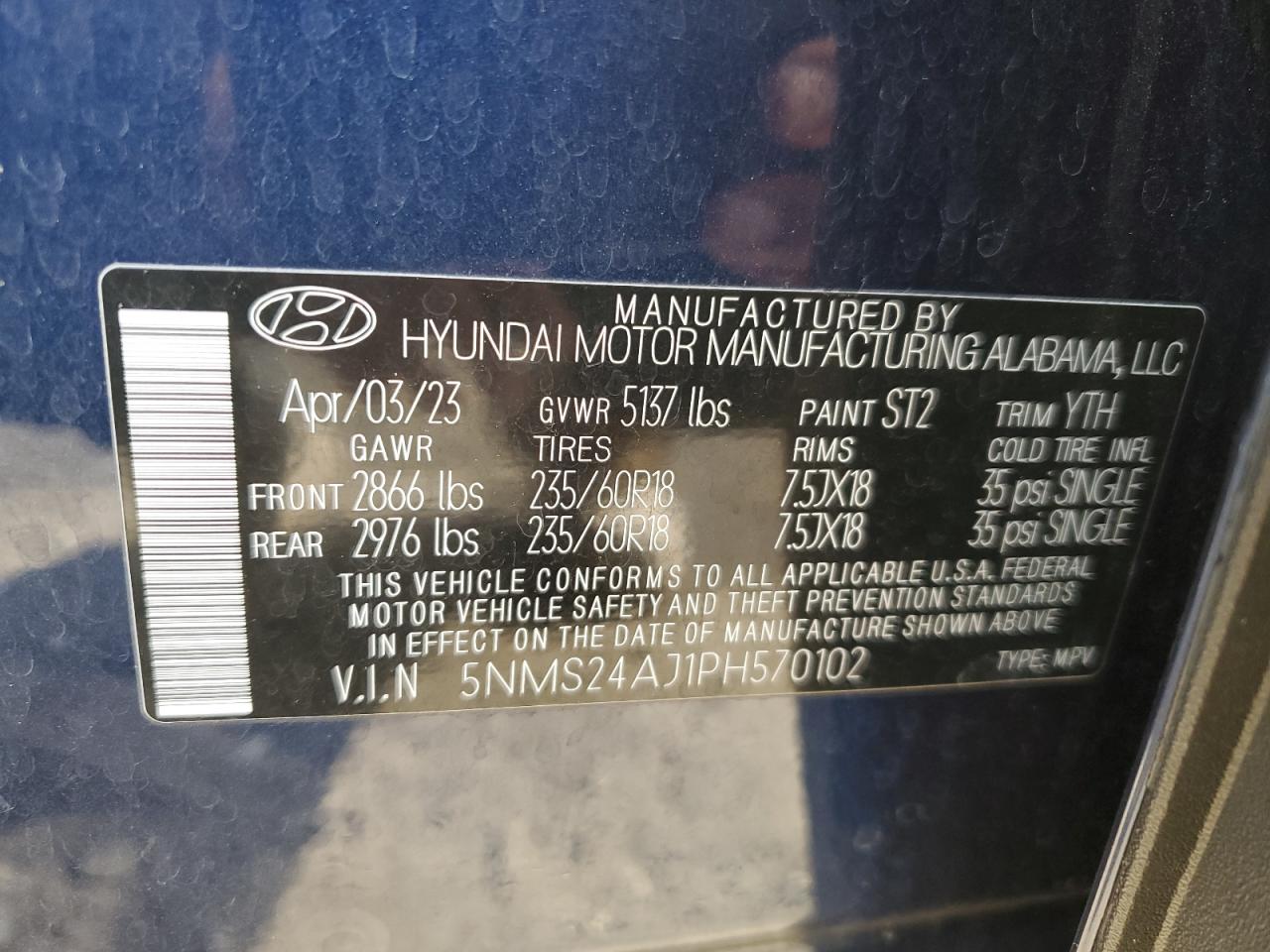 2023 HYUNDAI SANTA FE SEL VIN:5NMS24AJ1PH570102