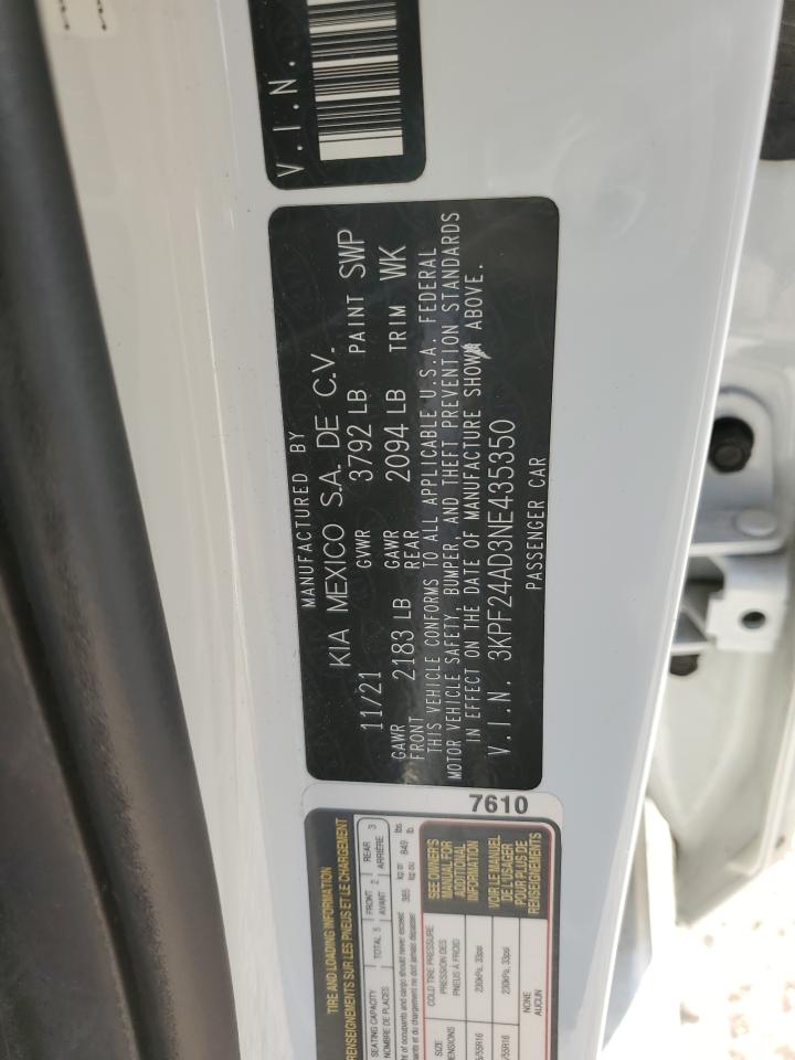 2022 KIA FORTE FE VIN:3KPF24AD3NE435350
