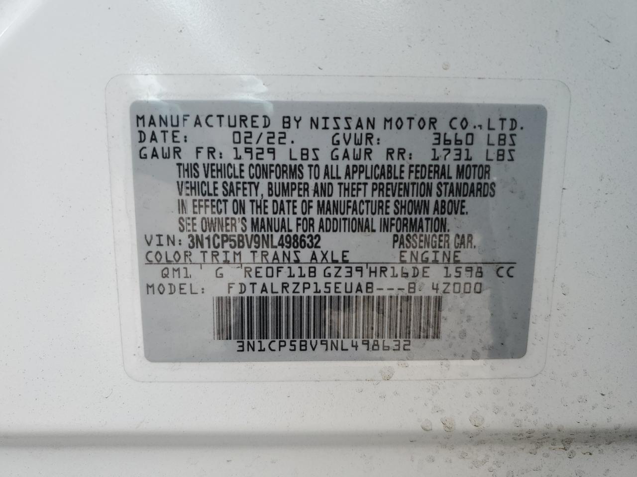 2022 NISSAN KICKS S VIN:3N1CP5BV9NL498632