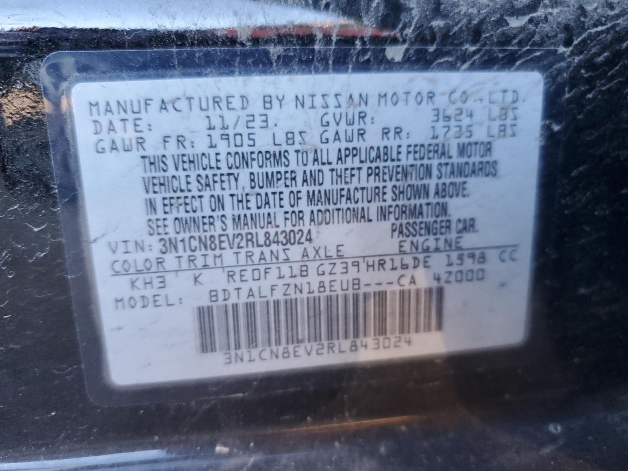 2024 NISSAN VERSA SV VIN:3N1CN8EV2RL843024