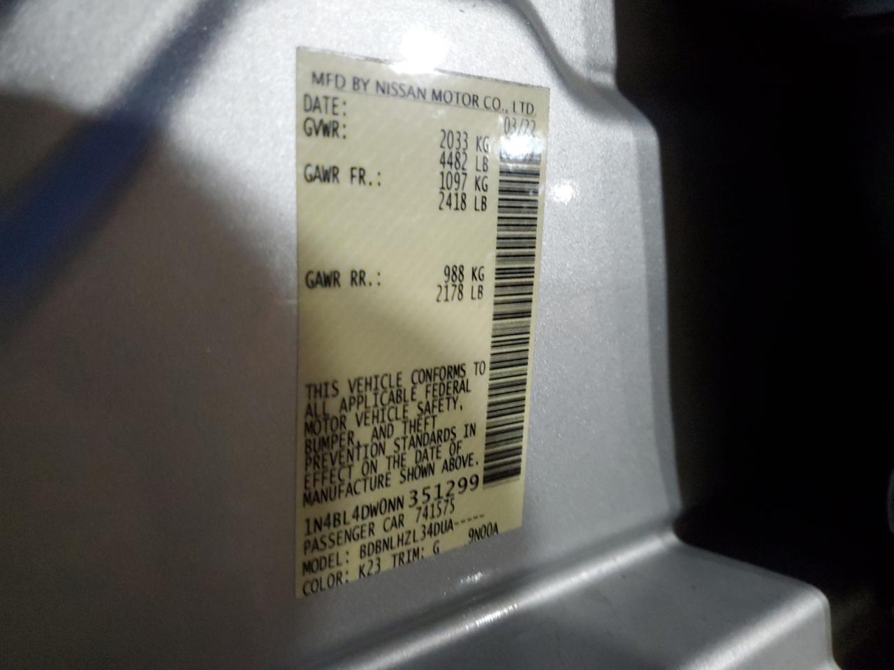 2022 NISSAN ALTIMA SV VIN:1N4BL4DW0NN351299