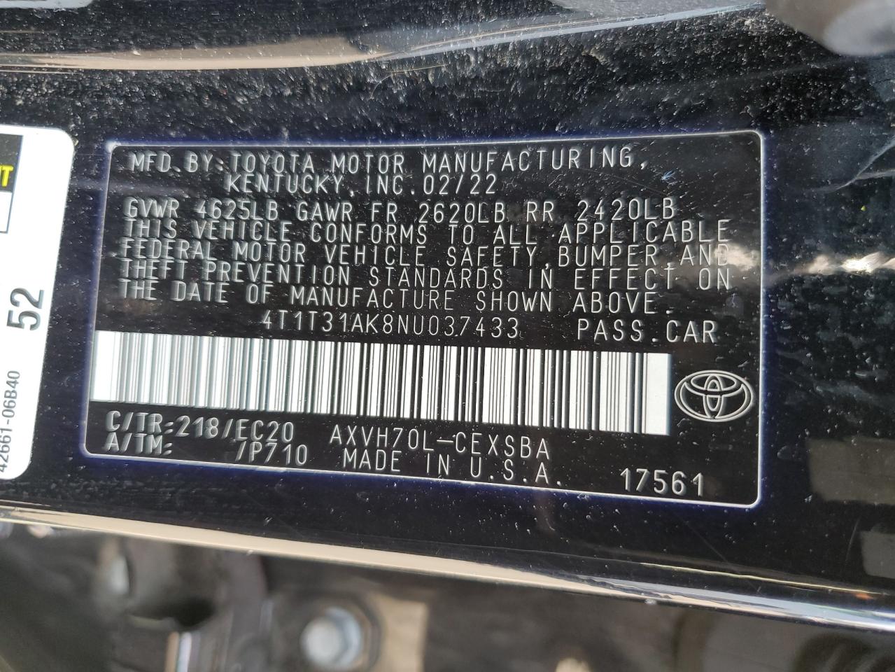 2022 TOYOTA CAMRY NIGHT SHADE VIN:4T1T31AK8NU037433