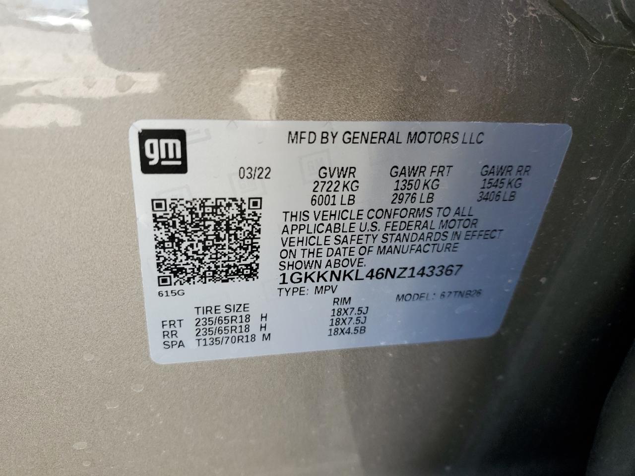 2022 GMC ACADIA SLE VIN:1GKKNKL46NZ143367