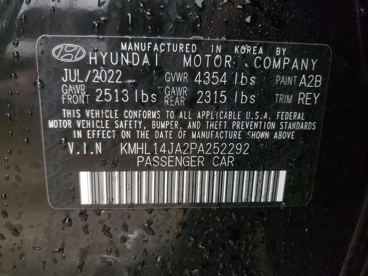 2023 HYUNDAI SONATA SEL VIN:KMHL14JA2PA252292