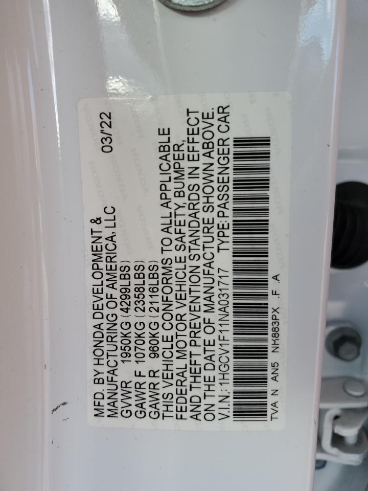 2022 HONDA ACCORD LX VIN:1HGCV1F11NA031717