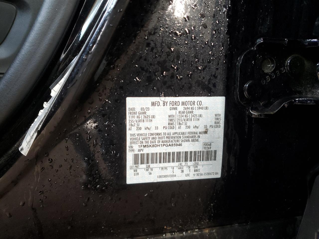 2023 FORD EXPLORER XLT VIN:1FMSK8DH1PGA85946