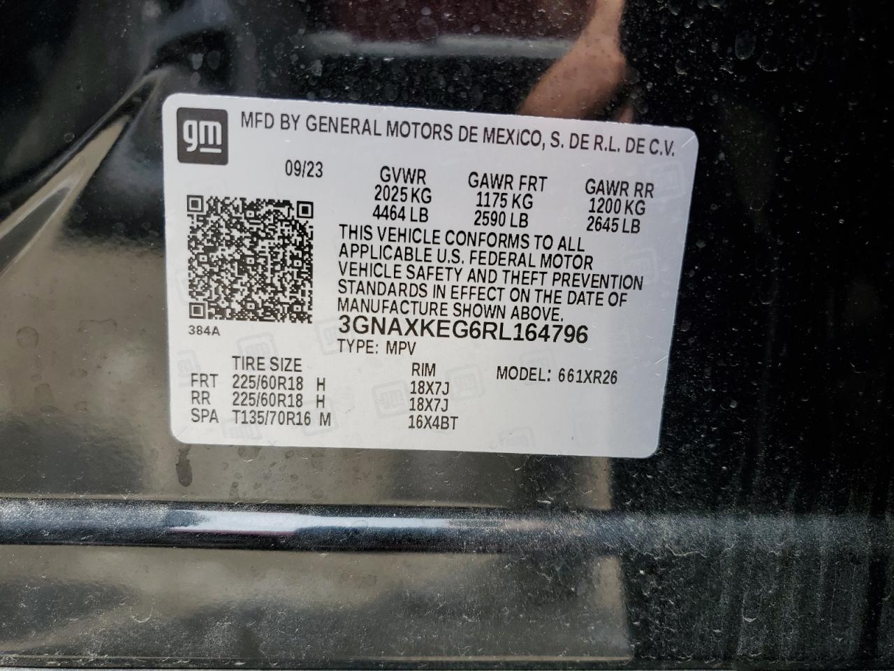 2024 CHEVROLET EQUINOX LT VIN:3GNAXKEG6RL164796