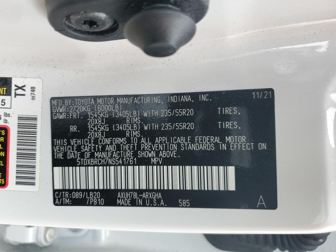 2022 TOYOTA HIGHLANDER HYBRID LIMITED VIN:5TDXBRCH7NS541761