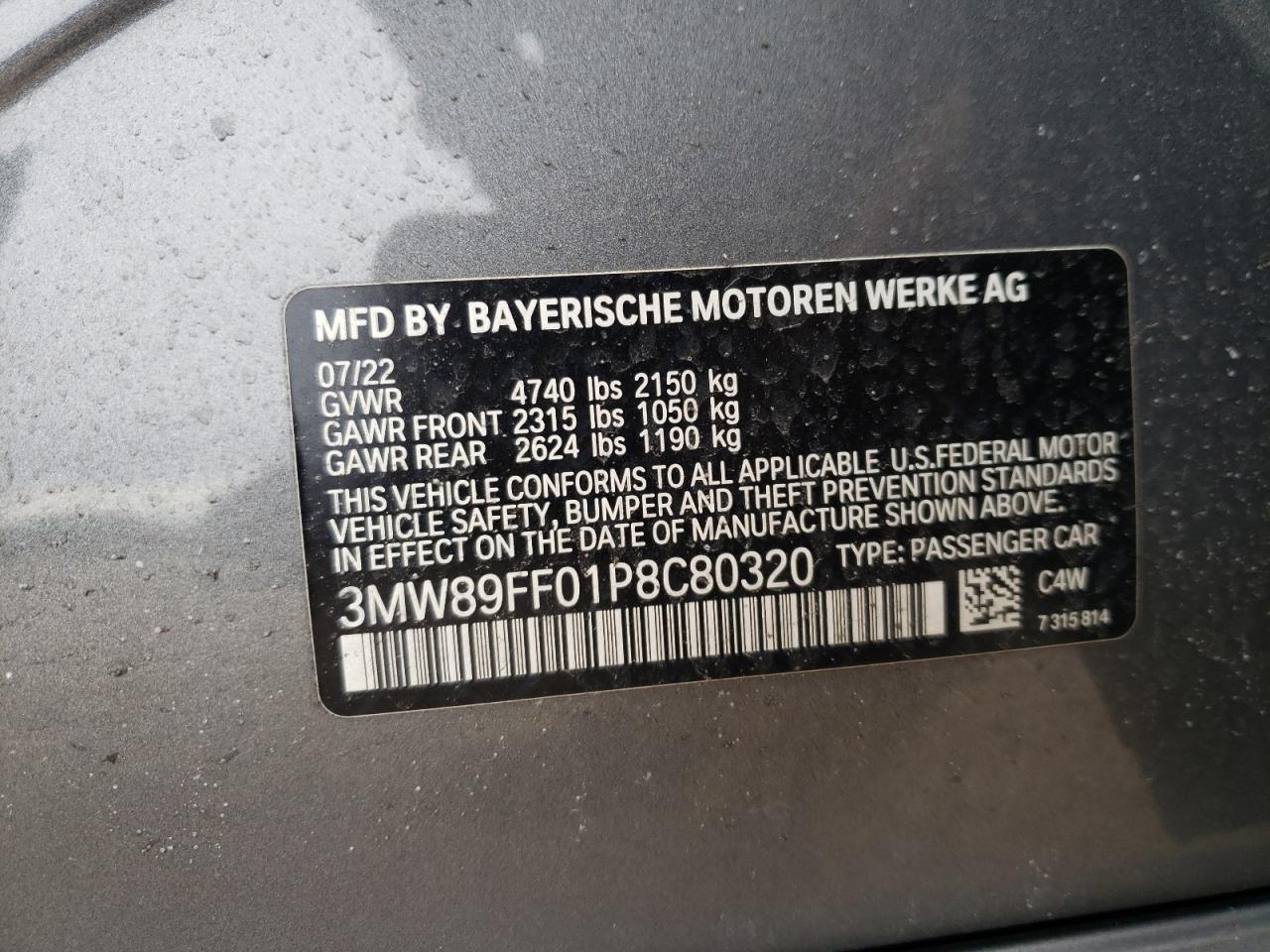 2023 BMW 330XI  VIN:3MW89FF01P8C80320