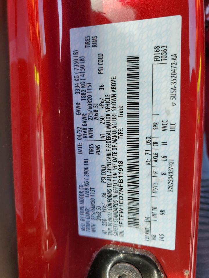 2022 FORD F150 SUPERCREW VIN:1FTFW1ED7NFB11918