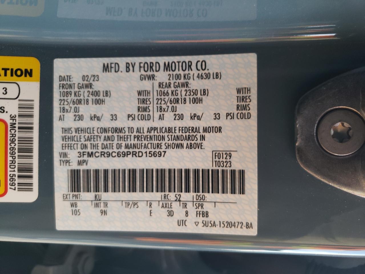 2023 FORD BRONCO SPORT OUTER BANKS VIN:3FMCR9C69PRD15697