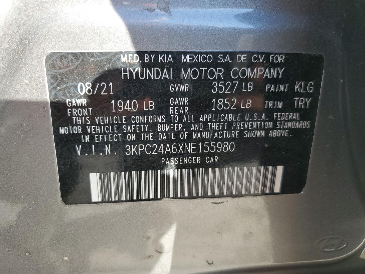 2022 HYUNDAI ACCENT SE VIN:3KPC24A6XNE155980