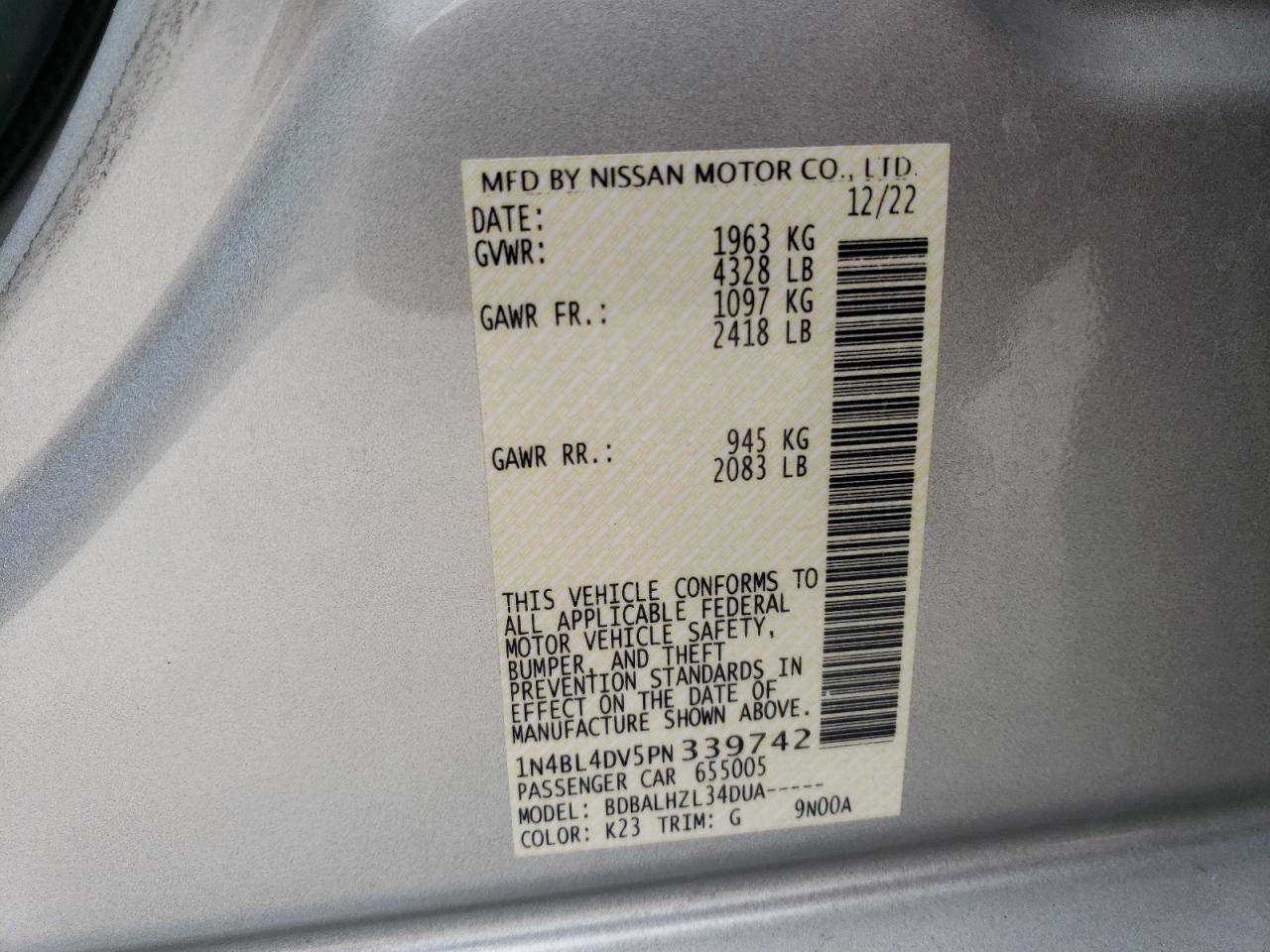 2023 NISSAN ALTIMA SV VIN:1N4BL4DV5PN339742