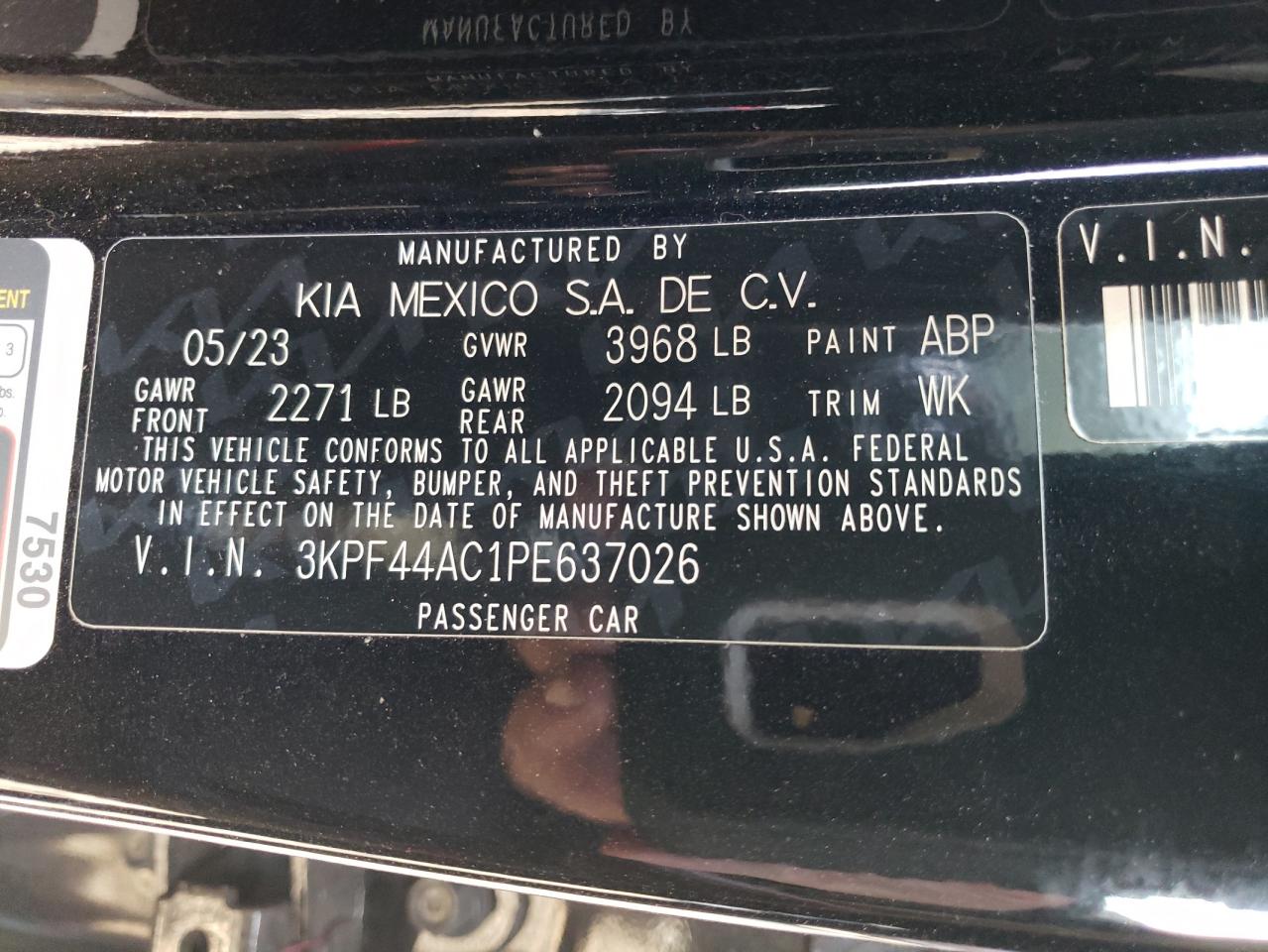 2023 KIA FORTE GT VIN:3KPF44AC1PE637026