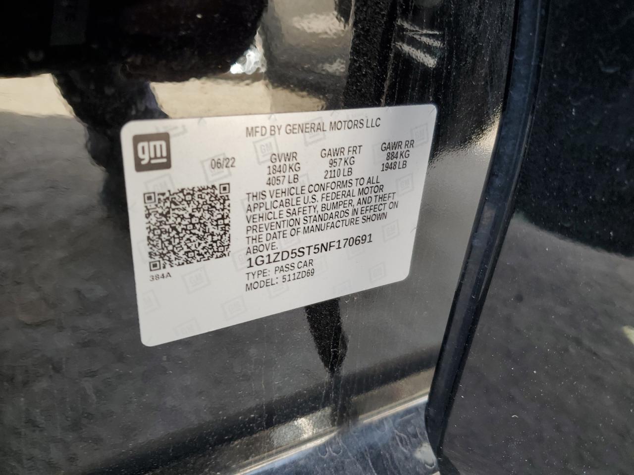 2022 CHEVROLET MALIBU LT VIN:1G1ZD5ST5NF170691