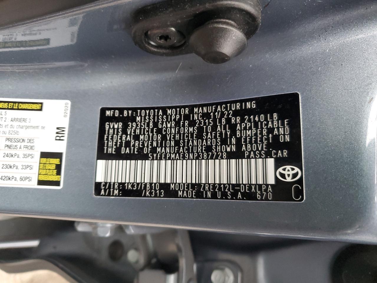 2022 TOYOTA COROLLA LE VIN:5YFEPMAE9NP387728