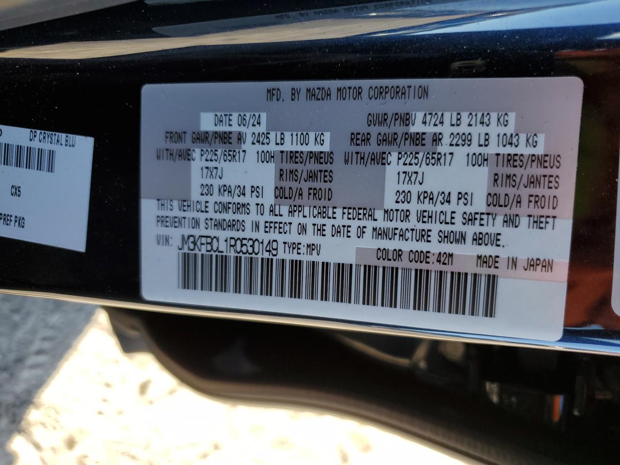 2024 MAZDA CX-5 PREFERRED VIN:JM3KFBCL1R0530149