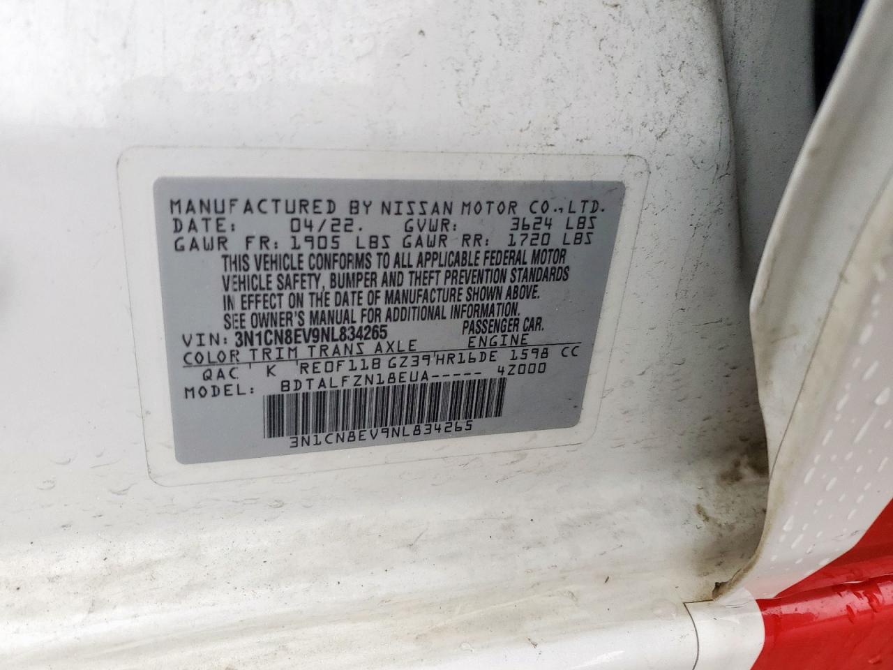 2022 NISSAN VERSA SV VIN:3N1CN8EV9NL834265