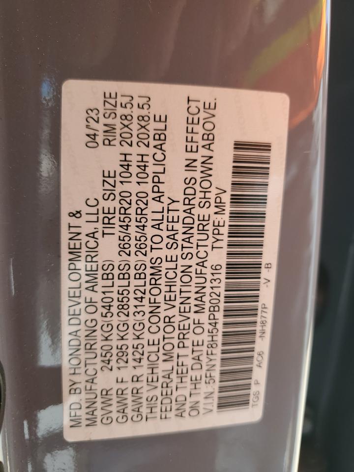 2023 HONDA PASSPORT EXL VIN:5FNYF8H54PB021316