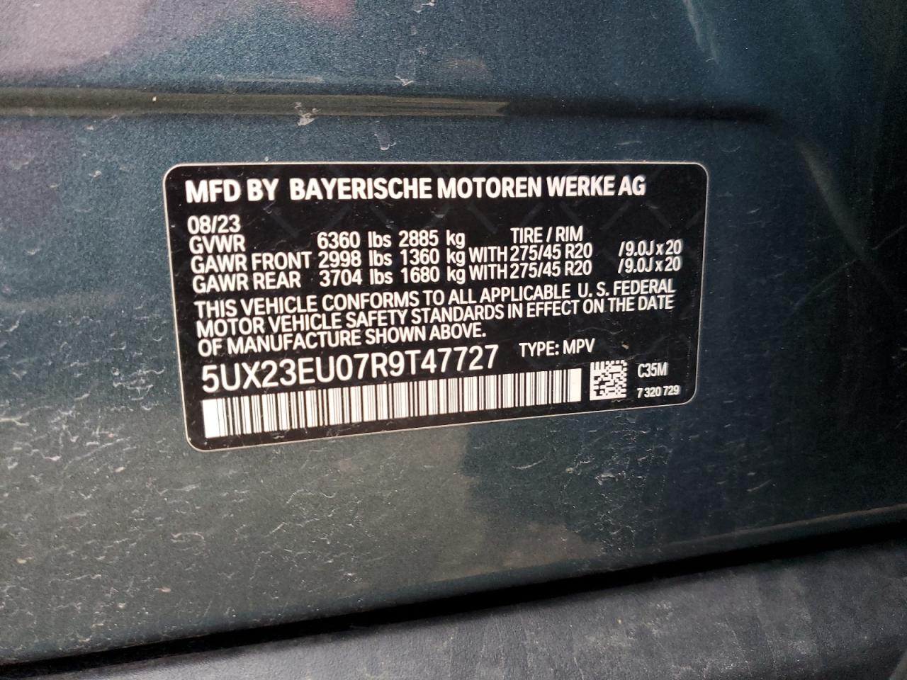 2024 BMW X5 XDRIVE40I VIN:5UX23EU07R9T47727