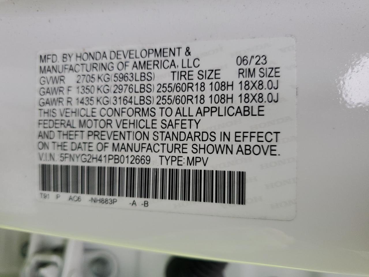 2023 HONDA PILOT EXL VIN:5FNYG2H41PB012669