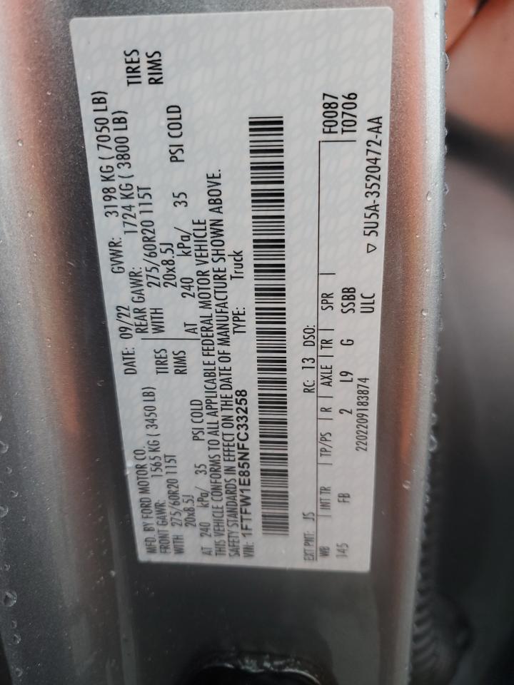 2022 FORD F150 SUPERCREW VIN:1FTFW1E85NFC33258
