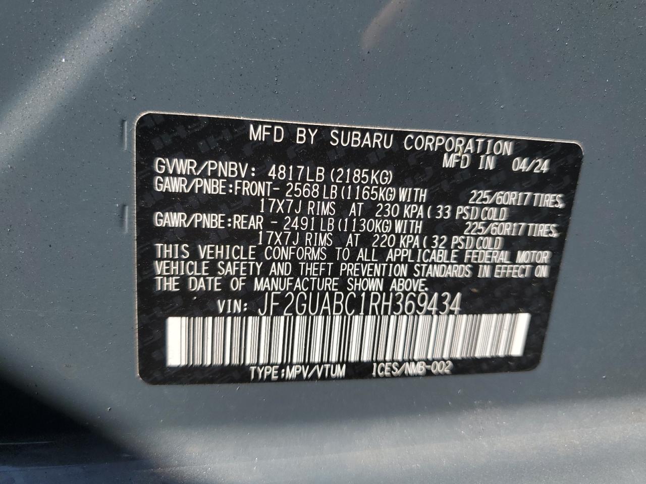 2024 SUBARU CROSSTREK  VIN:JF2GUABC1RH369434